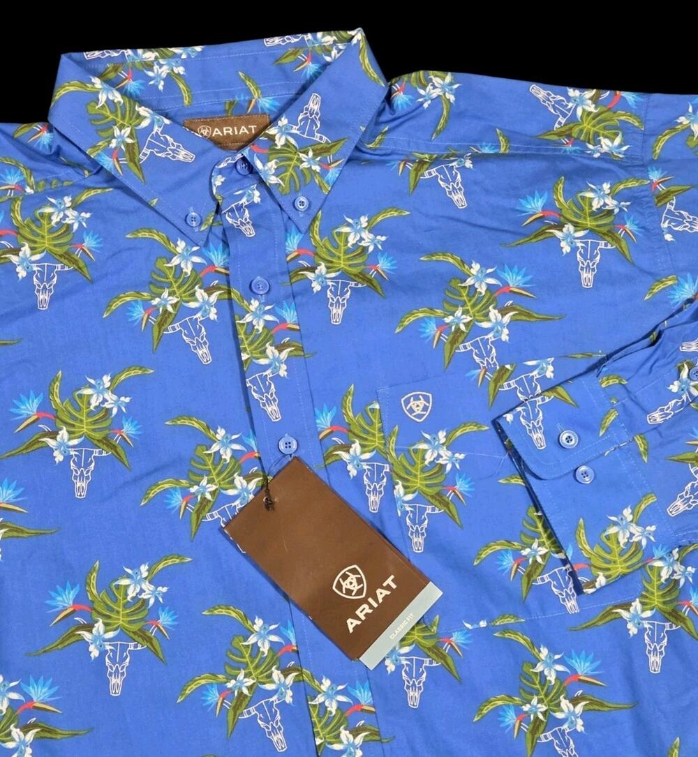 Ariat Logan Classic Button Down Shirt XL Blue Floral Tropical Western Steer NWT